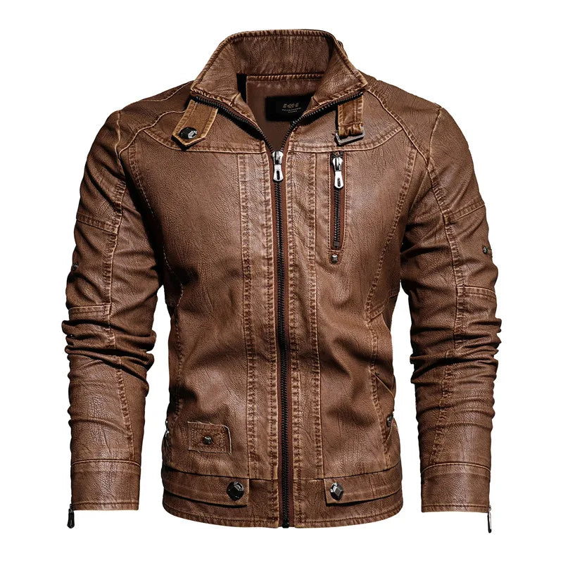 Men's Leather Motorcycle Casual Fleece Biker Jacket