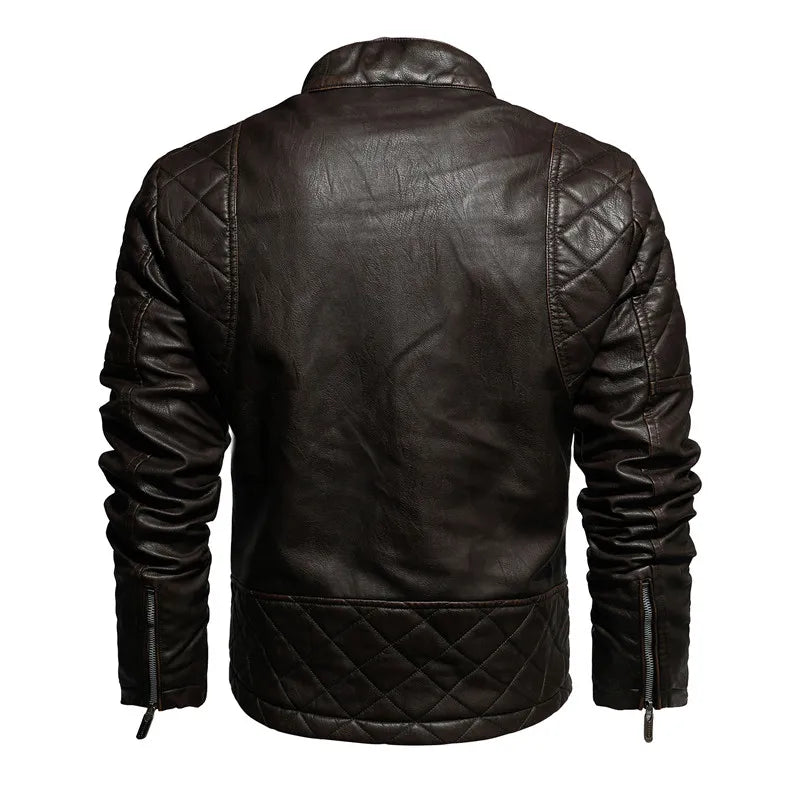 Men's Leather Motorcycle Casual Fleece Biker Jacket