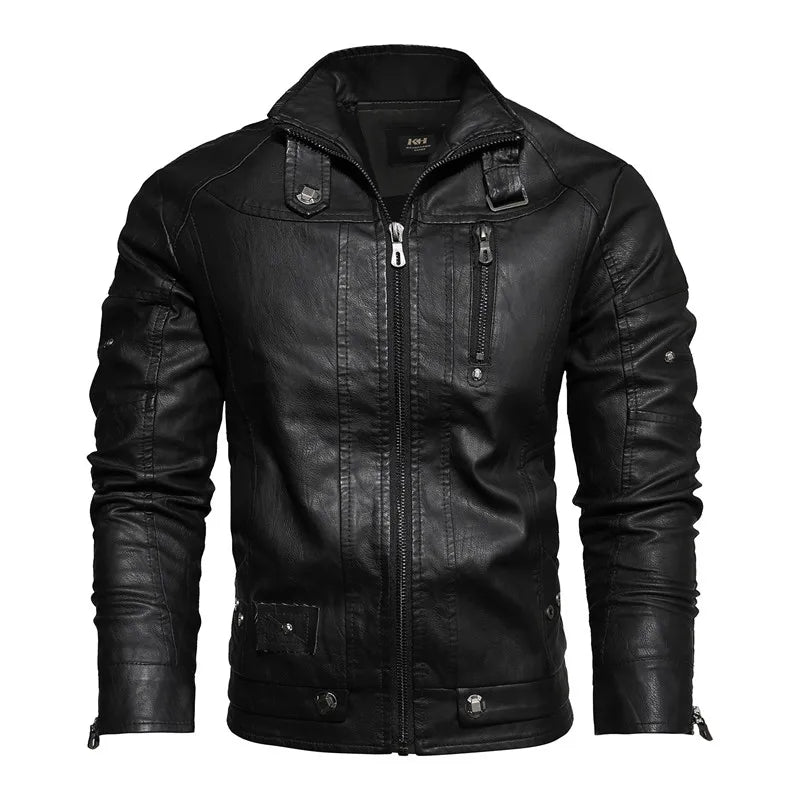 Men's Leather Motorcycle Casual Fleece Biker Jacket