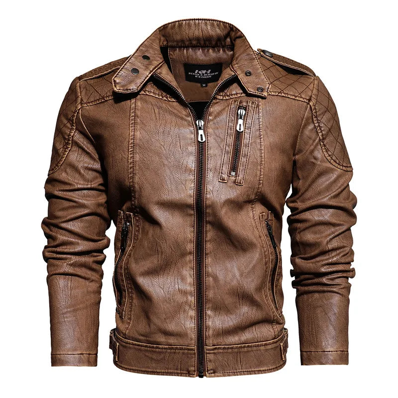 Men's Leather Motorcycle Casual Fleece Biker Jacket