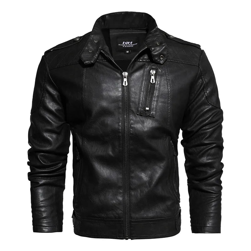 Men's Leather Motorcycle Casual Fleece Biker Jacket