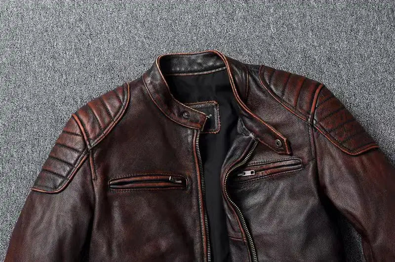 Genuine Cowhide Ripple Leather Motorcycle Jacket