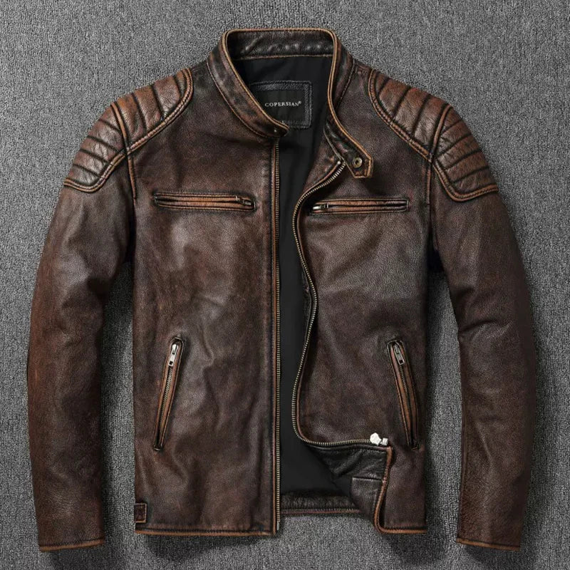 Genuine Cowhide Ripple Leather Motorcycle Jacket