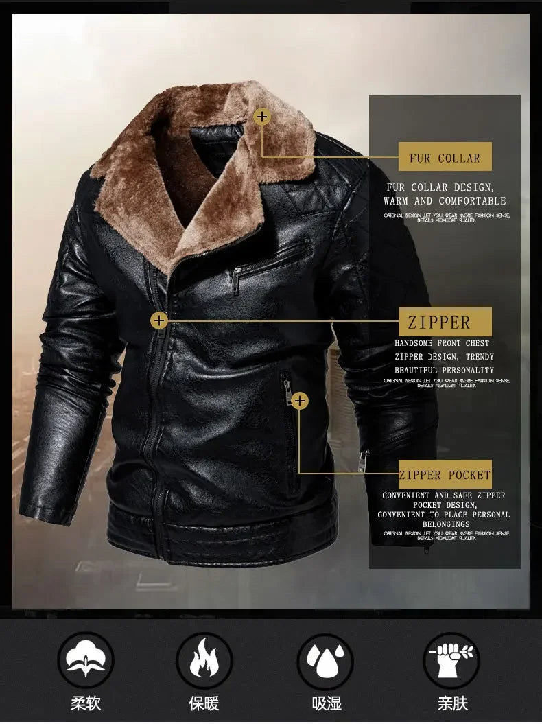 Men's Winter Leather Motorcycle Jacket with Fur Collar