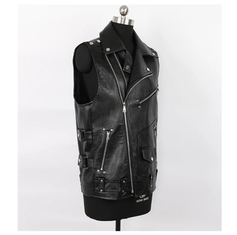 Racing Black Leather Motorcycle Vest with Zipper Pockets