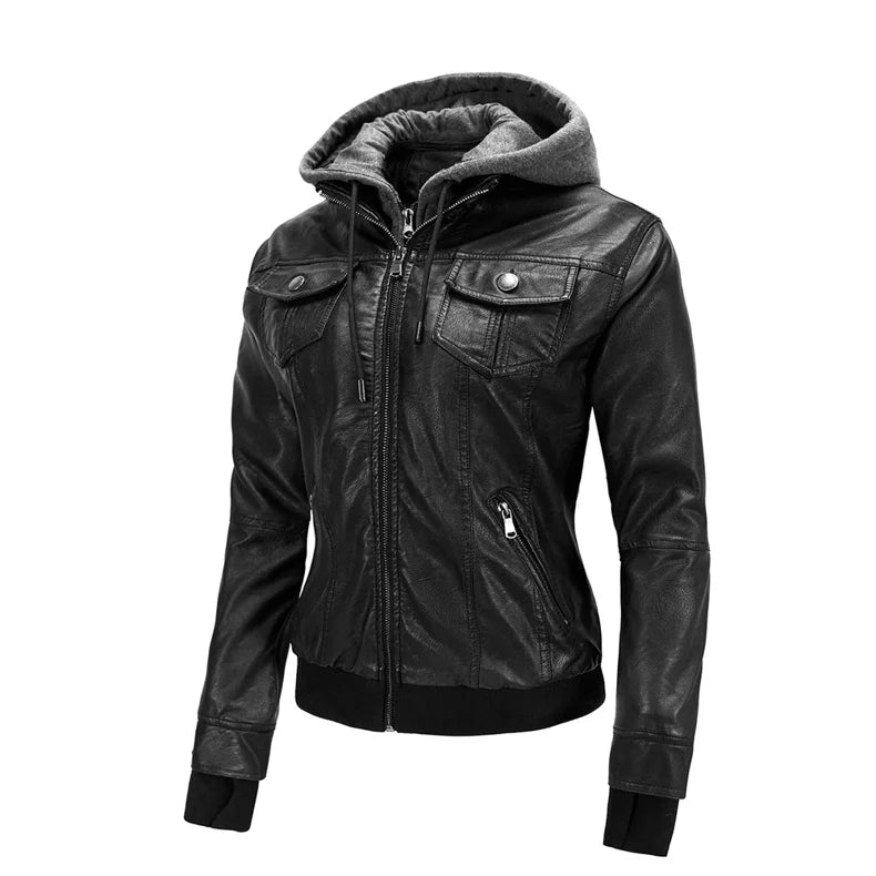 Vintage Hoodie Fitted Motorcycle Leather Jacket - Women