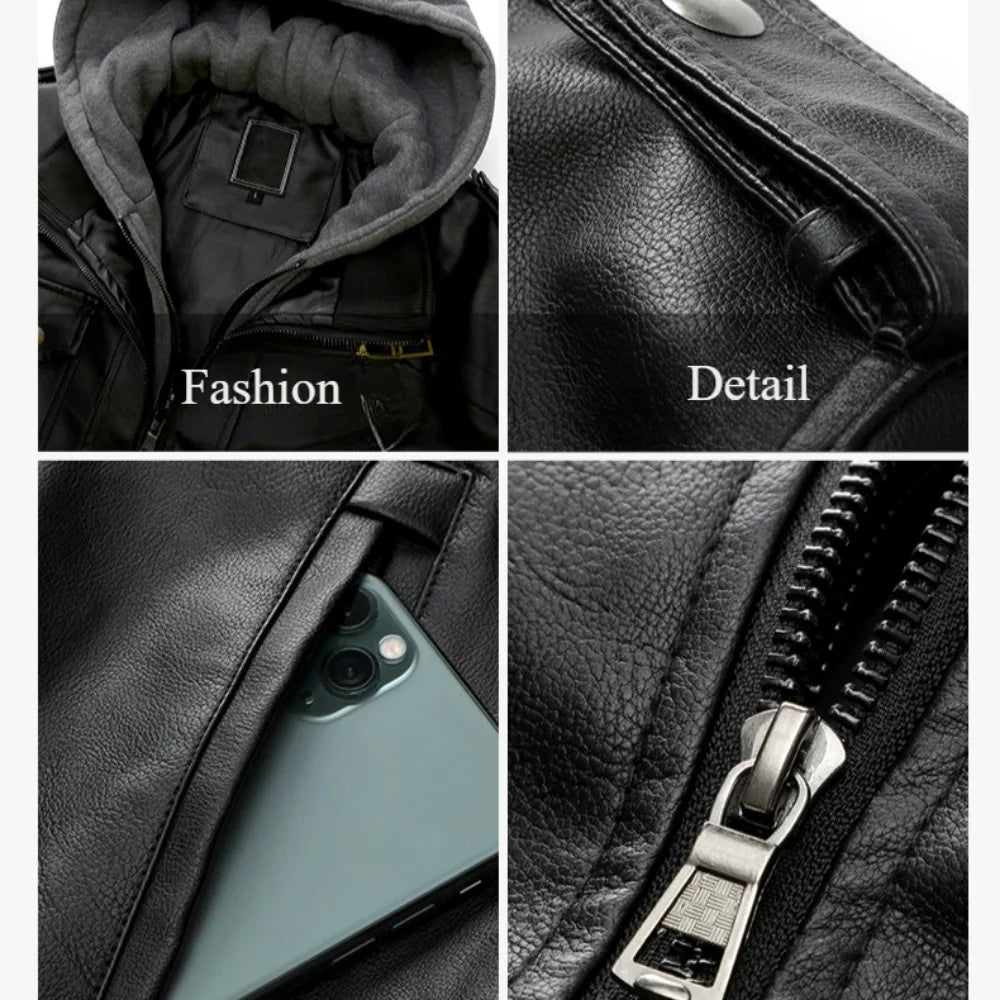 Dripmods Multi-Pocket  Hoodie Leather Motorcycle  Jacket