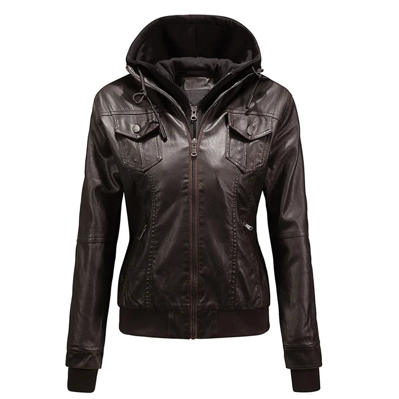 Vintage Hoodie Fitted Motorcycle Leather Jacket - Women