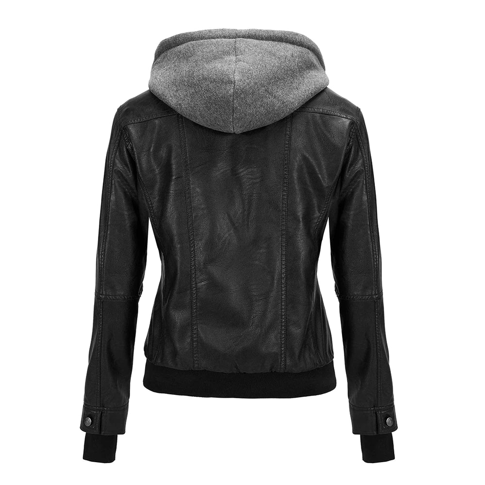 Vintage Hoodie Fitted Motorcycle Leather Jacket - Women