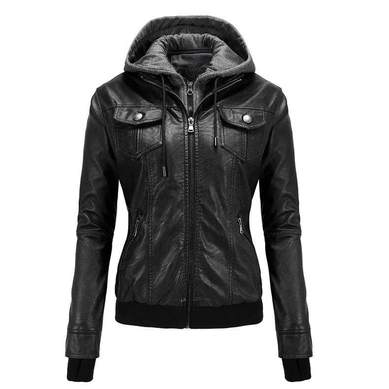 Vintage Hoodie Fitted Motorcycle Leather Jacket - Women