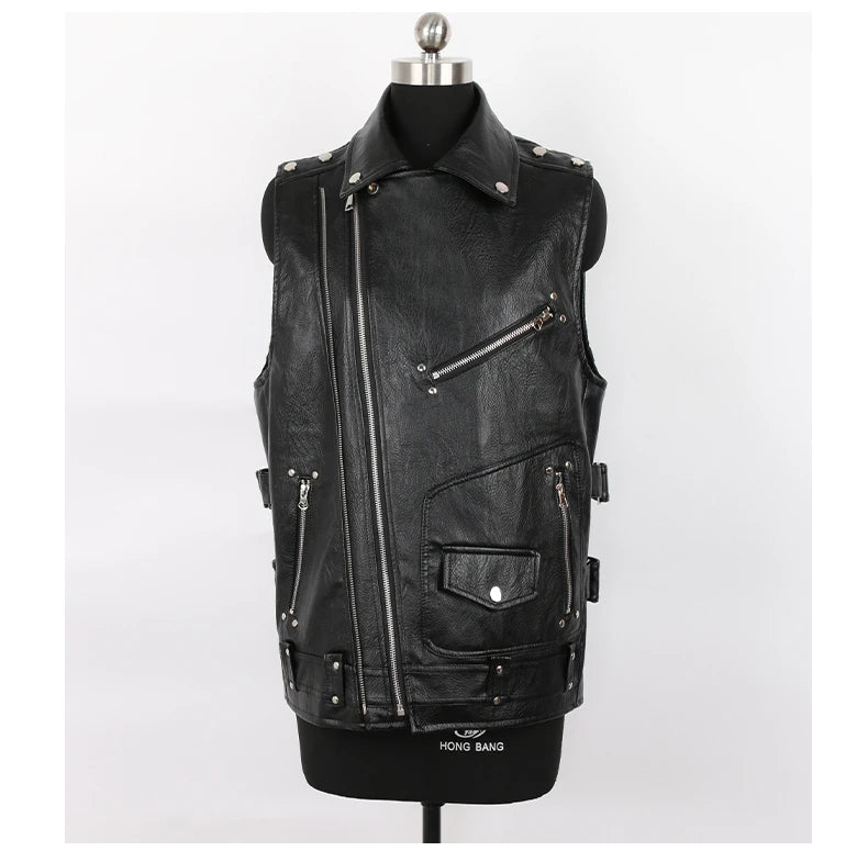 Racing Black Leather Motorcycle Vest with Zipper Pockets