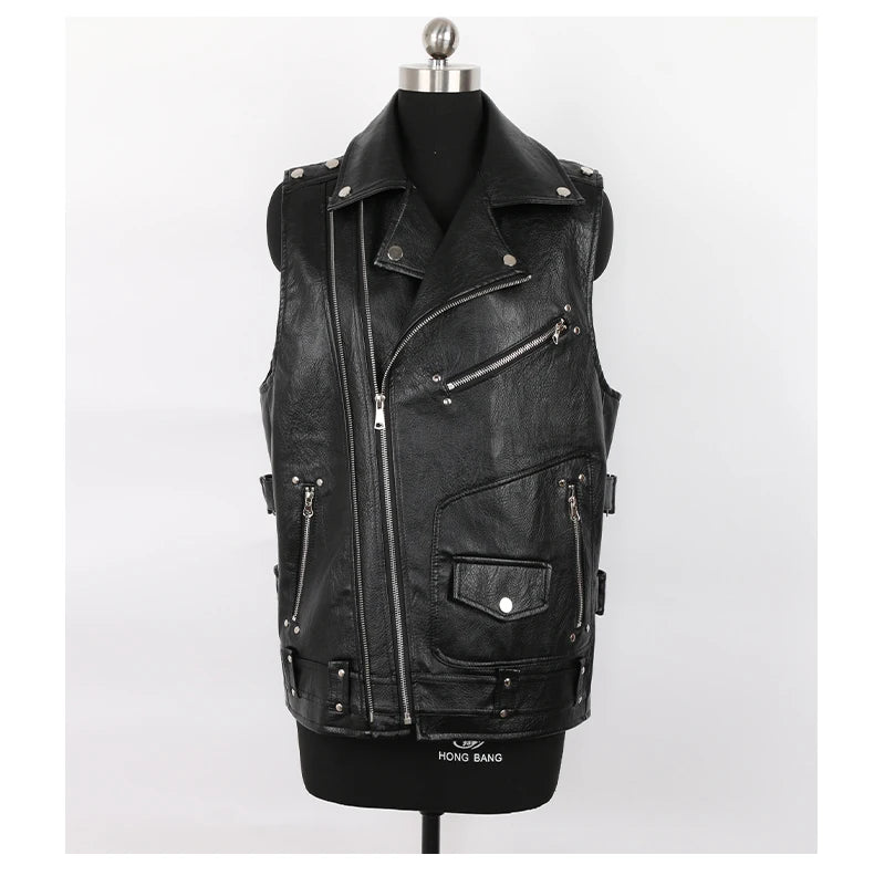 Racing Black Leather Motorcycle Vest with Zipper Pockets