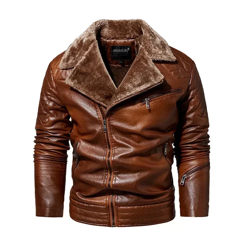 Men's Winter Leather Motorcycle Jacket with Fur Collar